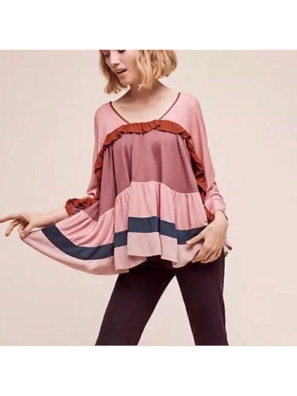 𝅺ANTHROPOLOGIE Meadow Rue Colorblock Boho Ruffle Swing Top Size Small